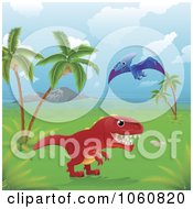 Poster, Art Print Of Dinosaurs In A Tropical Landscape