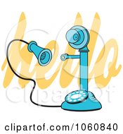 Royalty Free Vector Clip Art Illustration Of A Blue Candlestick Phone Over Orange Hello Text by Johnny Sajem