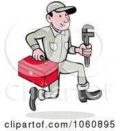 Poster, Art Print Of Plumber Running With A Wrench And Tool Box
