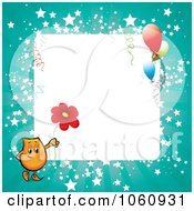Orange Blinky Holding A Daisy On A Turquoise Starry Frame With Party Balloons