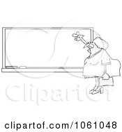 Royalty Free Vector Clip Art Illustration Of A Coloring Page Outline Of A Chubby Female Teacher Gesturing To A Blank Chalkboard