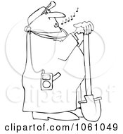 Royalty Free Vector Clip Art Illustration Of A Coloring Page Outline Of A Worker Leaning On A Shovel And Listening To Mp3 Music