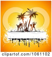 Poster, Art Print Of Silhouetted Beach Party Dancers And Palm Trees With Copyspace And Grunge On Yellow