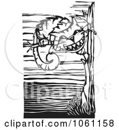 Royalty Free Vector Clip Art Illustration Of A Grinning Cheshire Cat In A Tree In Black And White Woodcut Style by xunantunich