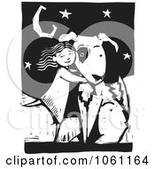 Royalty Free Vector Clip Art Illustration Of A Girl Hugging A Dog In Black And White Woodcut Style