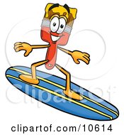 Poster, Art Print Of Paint Brush Mascot Cartoon Character Surfing On A Blue And Yellow Surfboard