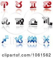 Royalty Free Vector Clip Art Illustration Of A Digital Collage Of 3d Shiny Red Black And Blue Astrology Symbolos With Reflections