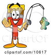 Paint Brush Mascot Cartoon Character Holding A Fish On A Fishing Pole