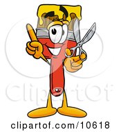 Poster, Art Print Of Paint Brush Mascot Cartoon Character Holding A Pair Of Scissors