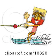 Clipart Picture Of A Paint Brush Mascot Cartoon Character Waving While Water Skiing by Toons4Biz