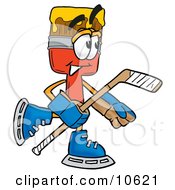 Clipart Picture Of A Paint Brush Mascot Cartoon Character Playing Ice Hockey by Toons4Biz
