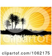 Clipart Silhouetted Grungy Palm Tree Island Against Rays Royalty Free Vector Illustration