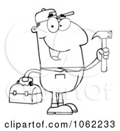 Poster, Art Print Of Outlined Repair Man With A Hammer And Tool Box