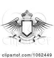 Clipart Black And White Winged Shield And Banner 2 Royalty Free Vector Illustration