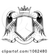Clipart Black And White Winged Shield And Banner 1 Royalty Free Vector Illustration