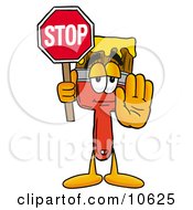 Paint Brush Mascot Cartoon Character Holding A Stop Sign