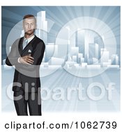 Clipart 3d Businessman And City Skyline Royalty Free Vector Illustration