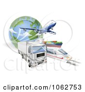 Clipart 3d Big Rig Train Cargo Ship And Airplane With A Globe Royalty Free Vector Illustration