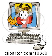 Poster, Art Print Of Paint Brush Mascot Cartoon Character Waving From Inside A Computer Screen