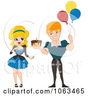 Clipart Pinup Man Holding A Birthday Cake And Balloons Royalty Free Vector Illustration by BNP Design Studio