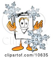 Poster, Art Print Of Paper Mascot Cartoon Character With Three Snowflakes In Winter