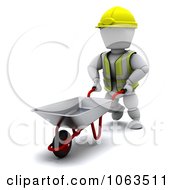 Poster, Art Print Of 3d White Character Construction Worker Using A Wheelbarrow