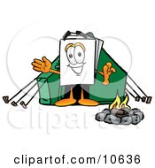 Paper Mascot Cartoon Character Camping With A Tent And Fire