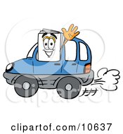 Paper Mascot Cartoon Character Driving A Blue Car And Waving