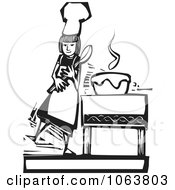 Clipart Woodcut Styled Baker Girl Black And White Royalty Free Vector Illustration by xunantunich