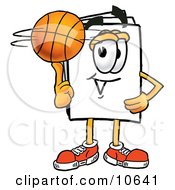 Paper Mascot Cartoon Character Spinning A Basketball On His Finger