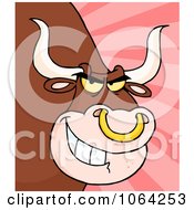 Clipart Grinning Bull With A Nose Ring Over Rays Royalty Free Vector Illustration