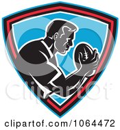 Clipart Rugby Player Over A Blue Shield Royalty Free Vector Illustration