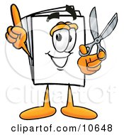 Paper Mascot Cartoon Character Holding A Pair Of Scissors