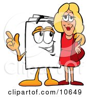 Paper Mascot Cartoon Character Talking To A Pretty Blond Woman