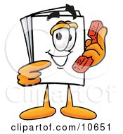 Clipart Picture Of A Paper Mascot Cartoon Character Holding A Telephone