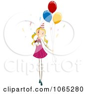 Clipart Birthday Girl With Cake And Balloons Royalty Free Vector Illustration