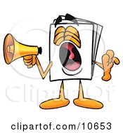Paper Mascot Cartoon Character Screaming Into A Megaphone