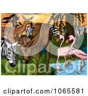 Poster, Art Print Of Gazelle Zebras And Flamingos At A Watering Hole