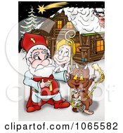 Santa With A Devil And Angel By A Cabin