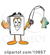 Paper Mascot Cartoon Character Holding A Fish On A Fishing Pole