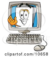Clipart Picture Of A Paper Mascot Cartoon Character Waving From Inside A Computer Screen