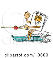 Clipart Picture Of A Paper Mascot Cartoon Character Waving While Water Skiing