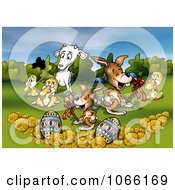 Poster, Art Print Of Easter Animals Eggs And Flowers In A Meadow