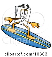 Poster, Art Print Of Paper Mascot Cartoon Character Surfing On A Blue And Yellow Surfboard