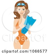 Clipart Brunette Summer Woman Holding Swim Fins Royalty Free Vector Illustration