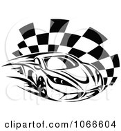 Clipart Black And White Race Car And Checkered Flag 1 Royalty Free Vector Illustration