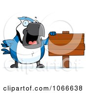 Clipart Pudgy Blue Jay With A Blank Wood Sign Royalty Free Vector Illustration by Cory Thoman