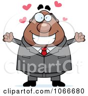 Clipart Pudgy Black Businessman With Open Arms Royalty Free Vector Illustration