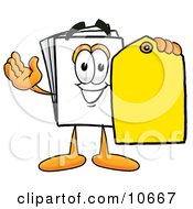 Clipart Picture Of A Paper Mascot Cartoon Character Holding A Yellow Sales Price Tag