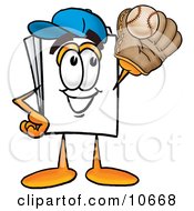 Paper Mascot Cartoon Character Catching A Baseball With A Glove